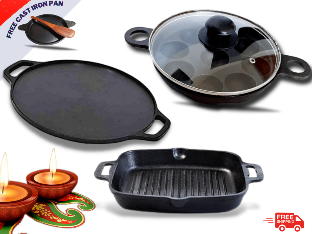 DYNAMIC COOKWARES, Mini Paniyaram pan Cast Iron Flat Bottom Tawa 8 Inch 12  Cavity, Go's Best with Gas, Induction Base, and Electrical Cook top