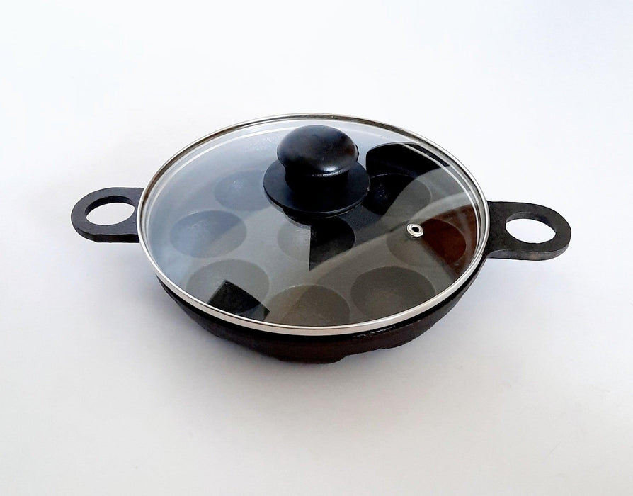 Sparkenzy Cast Iron Pre Seasoned Paniyaram with lid / Paddu Pan |  9 Pit | 8 inch