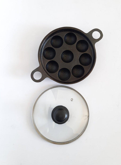 Sparkenzy Cast Iron Pre Seasoned Paniyaram with lid / Paddu Pan |  9 Pit | 8 inch