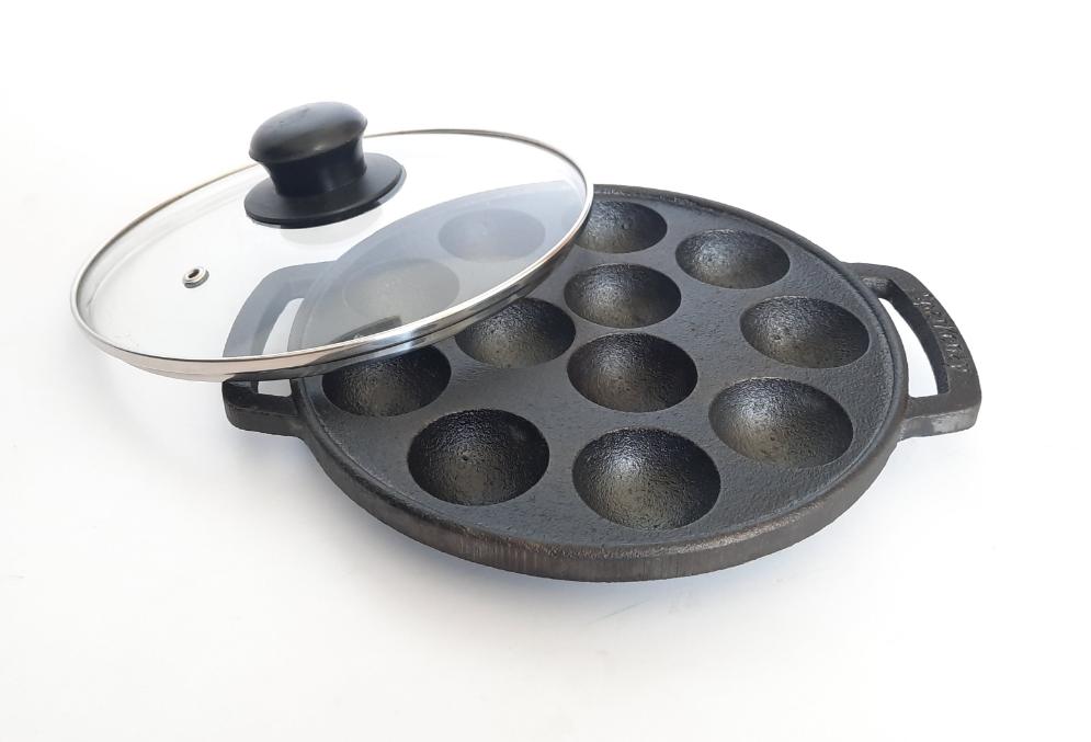 Sparkenzy Cast Iron Pre Seasoned Paniyaram with lid / Paddu Pan | 12 Pit | 8 inch