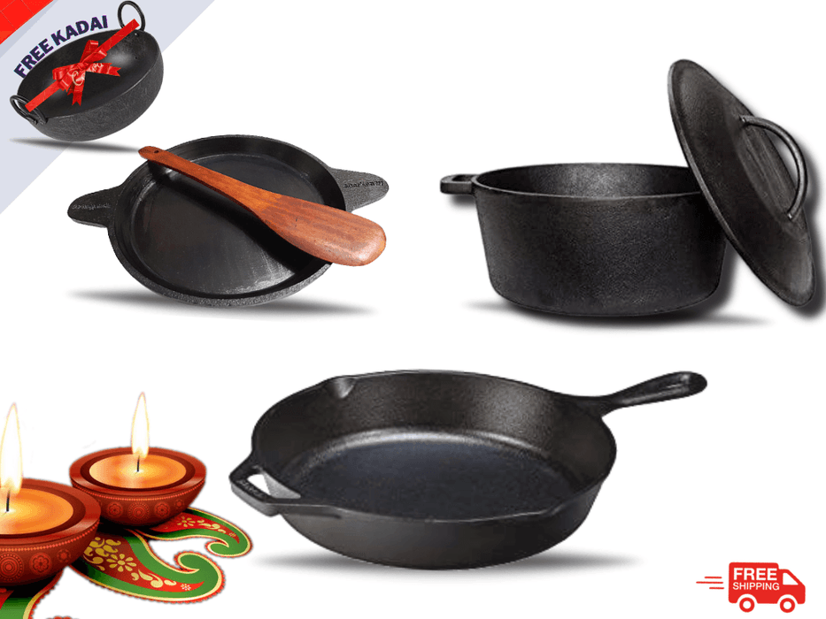 Sparkenzy Pre seasoned Cast iron Skillet 10 inch | Fish fry pan 9 inch | dutch oven | Combo