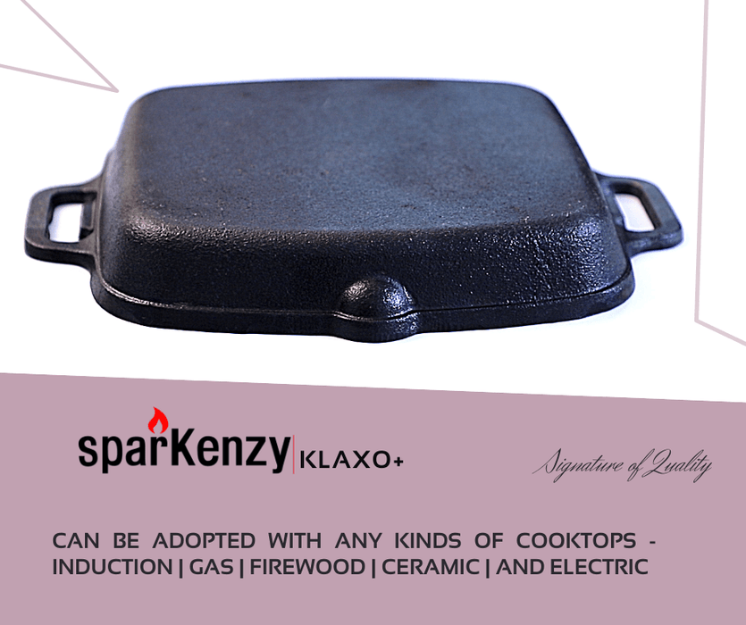 Sparkenzy Pre seasoned cast iron Dosa Tawa 12 inch | Paniyaram Pan 12 pit with lid 8 inch | Cast Iron Grill Pan | Combo