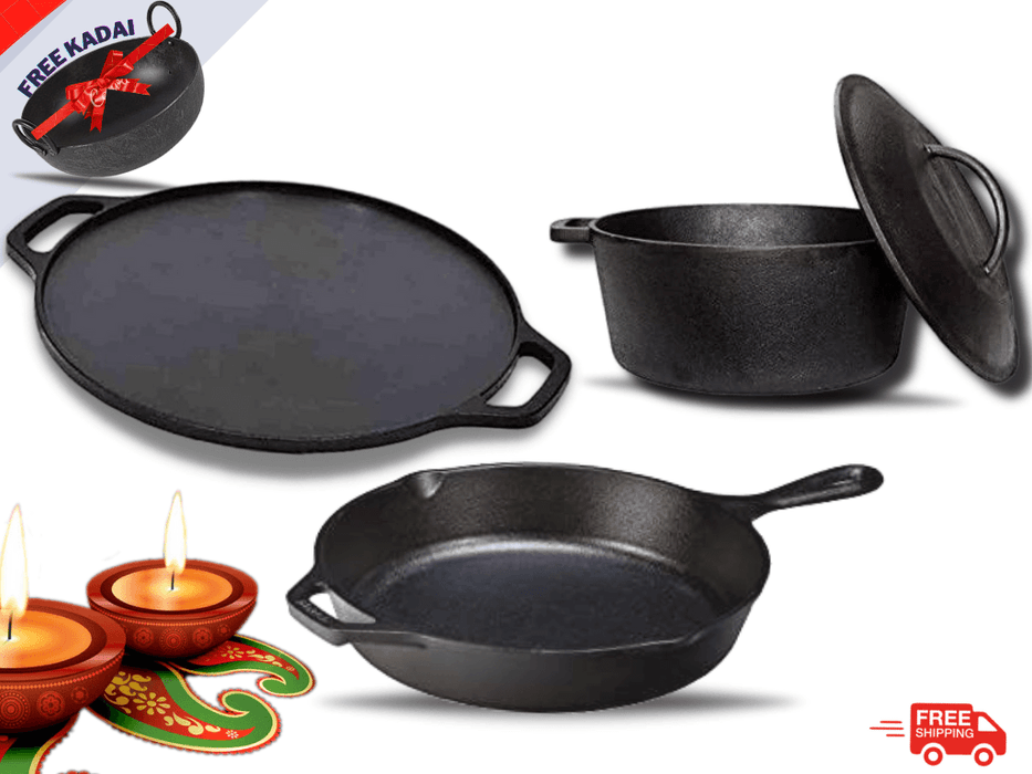 Sparkenzy Pre seasoned cast iron dosa tawa 11 inch | cast iron skillet 10 inch | dutch oven | combo