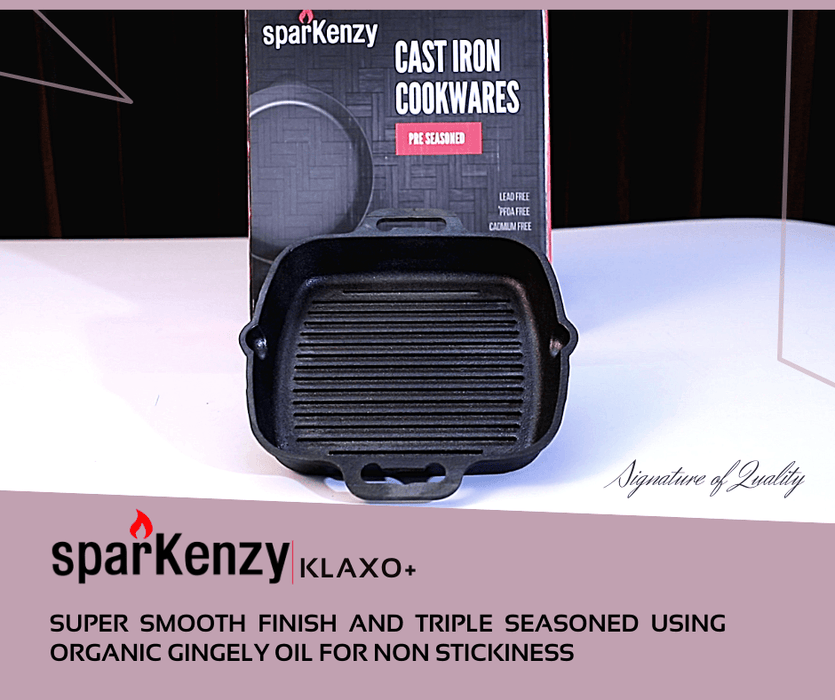 Sparkenzy Pre seasoned cast iron Dosa Tawa 12 inch | Paniyaram Pan 12 pit with lid 8 inch | Cast Iron Grill Pan | Combo