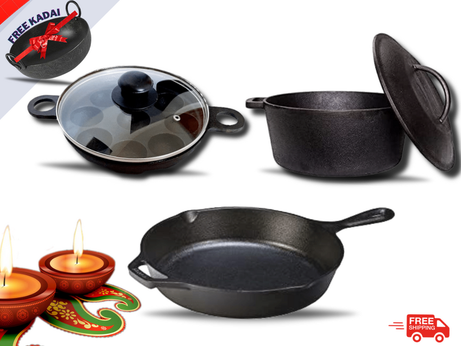 Sparkenzy cast iron skillet 10 inch |  paniyaram pan 12 pit |  dutch oven | combo