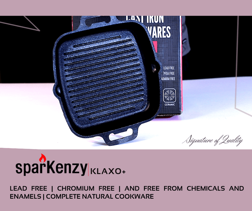 Sparkenzy Pre seasoned cast iron Dosa Tawa 12 inch | Paniyaram Pan 12 pit with lid 8 inch | Cast Iron Grill Pan | Combo