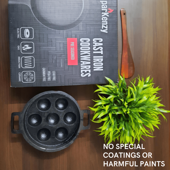 Sparkenzy Cast Iron Pre Seasoned Paniyaram / Paddu Pan |  7 Pit | 8 inch - Sparkenzy.com