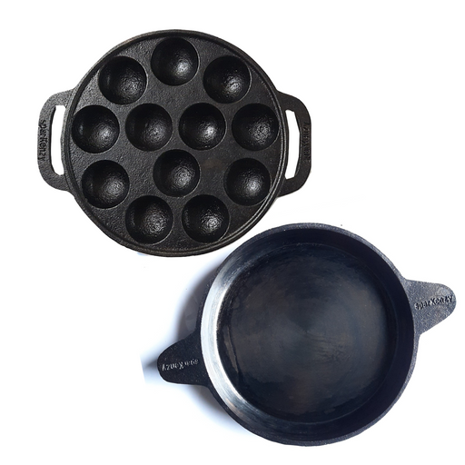 Sparkenzy Pre seasoned Cast iron Paniyaram kal 12 pit | Fish fry pan 2 inch | Combo - Sparkenzy.com