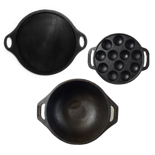 Sparkenzy Pre seasoned Cast iron Tawa 11 inch | kadai 10 inch | Paniyaram pan 12 pit | Combo - Sparkenzy.com