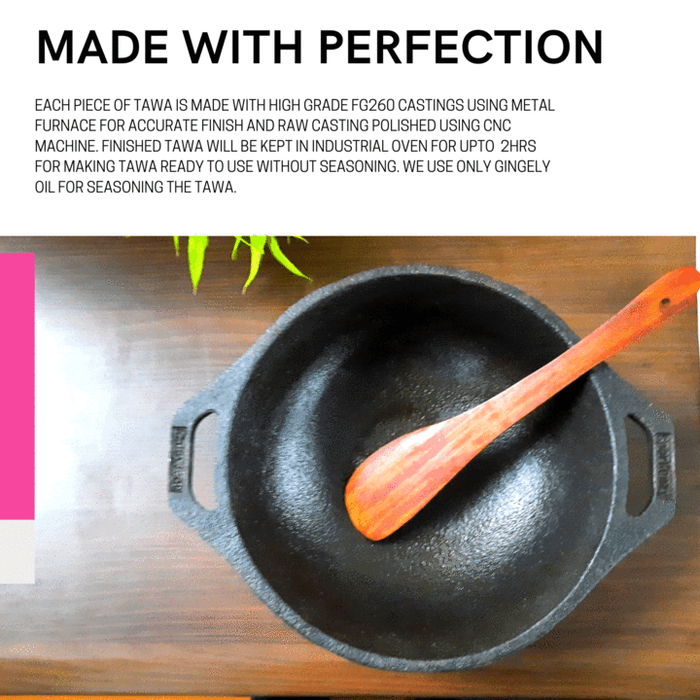 Sparkenzy Pre seasoned Cast iron Paniyaram pan 12 pit | kadai 10 inch | Fish fry pan 9 inch | Combo - Sparkenzy.com