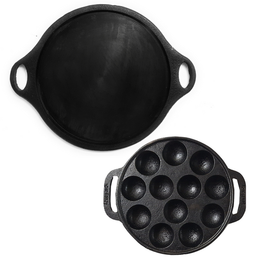 Sparkenzy Pre seasoned cast iron Dosa Tawa 11 inch | Paniyaram Pan 12 pit 8 inch | Combo - Sparkenzy.com