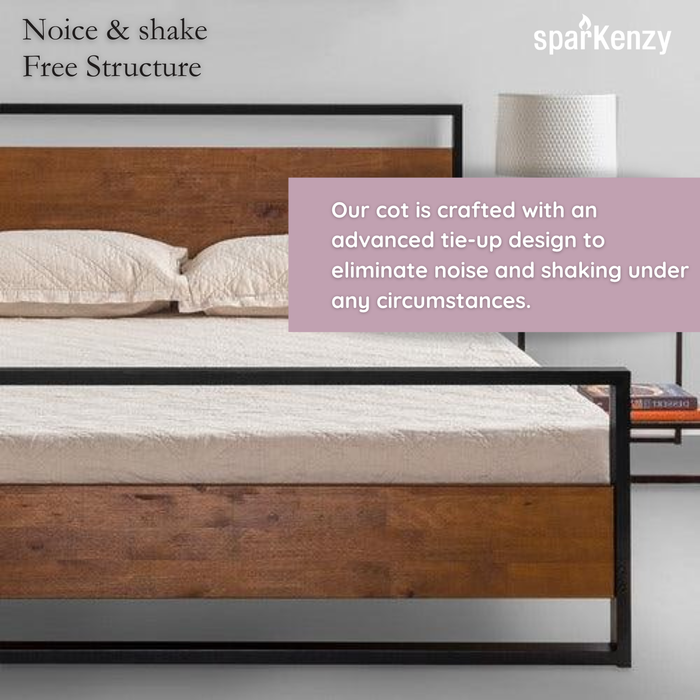 Sparkenzy Metal Bed | Steel Cot with Wooden Head and Foot Board|  King/queen Size