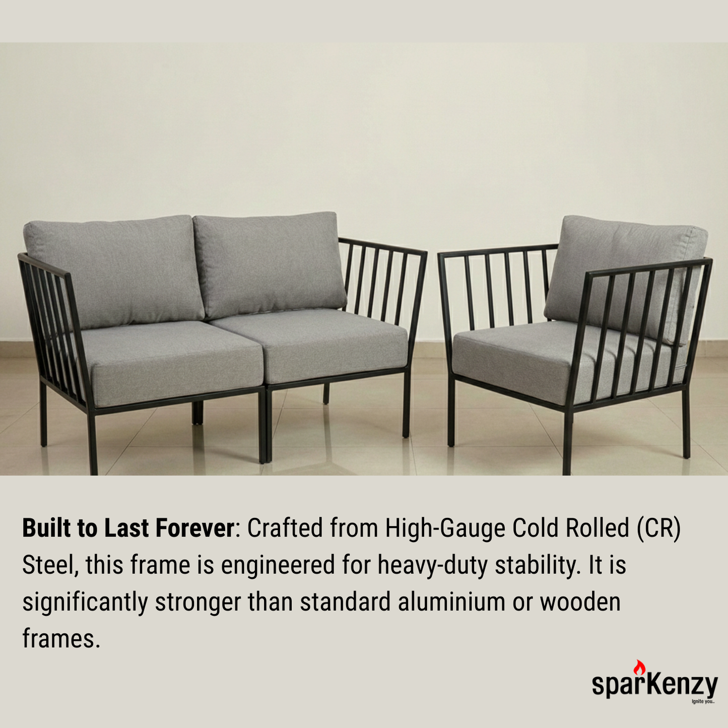 Sparkenzy Modern Steel Sofa with Cushion- Suitable for Outdoor/Indoor/Patio-3,4,5,6 Seater