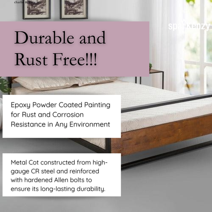 Sparkenzy Metal Bed | Steel Cot with Wooden Head and Foot Board|  King/queen Size