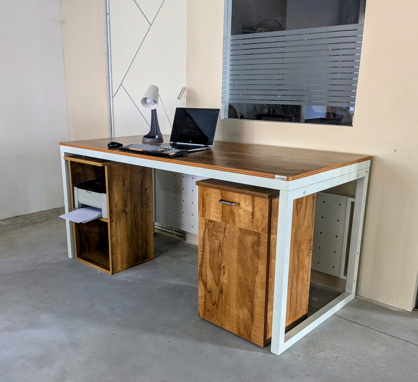 Sparkenzy Modern Office desk | Laptop and Desktop Table with printer rack and under cabinet
