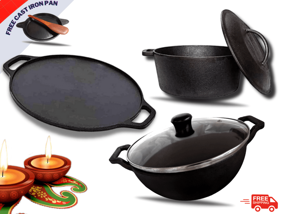 Sparkenzy cast iron dosa tawa |  iron kadai | dutch oven | Combo