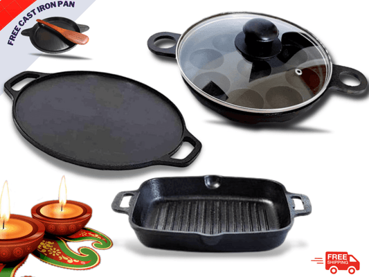 Sparkenzy Pre seasoned cast iron Dosa Tawa 12 inch | Paniyaram Pan 12 pit with lid 8 inch | Cast Iron Grill Pan | Combo