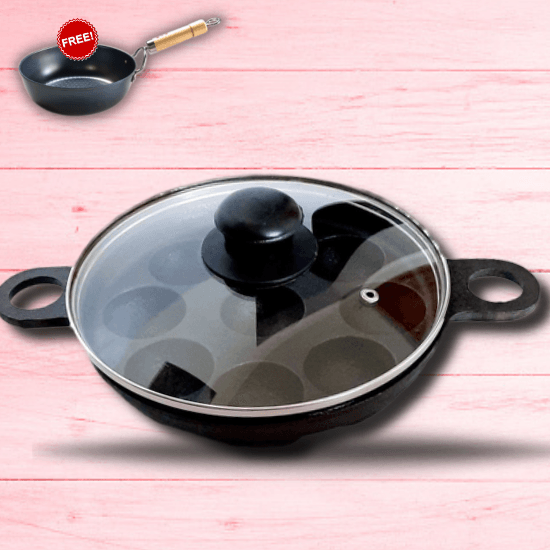 Sparkenzy Cast Iron Pre Seasoned Paniyaram with lid / Paddu Pan | 9 Pit | 8 inch