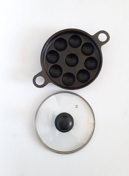 Sparkenzy Cast Iron Pre Seasoned Paniyaram with lid / Paddu Pan | 9 Pit | 8 inch