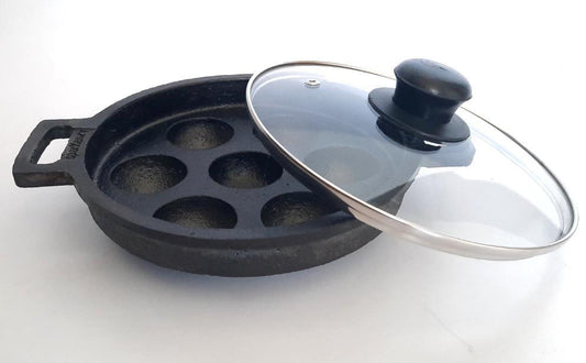 Sparkenzy Cast Iron Pre Seasoned Paniyaram / Paddu Pan | 7 Pit | 8 inch