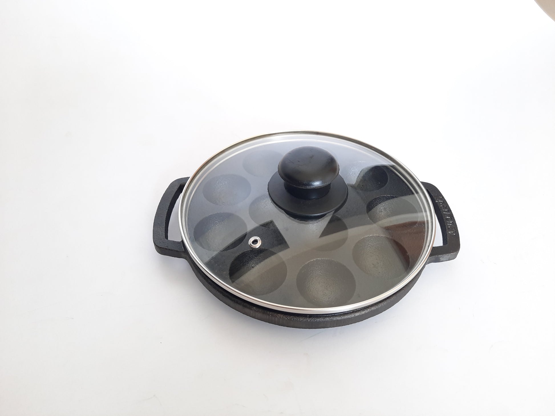 Sparkenzy Cast Iron Pre Seasoned Paniyaram with lid / Paddu Pan | 12 Pit | 8 inch