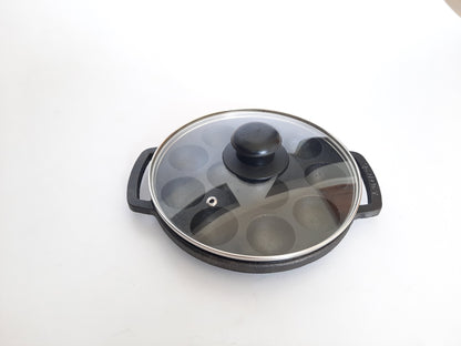 Sparkenzy Cast Iron Pre Seasoned Paniyaram with lid / Paddu Pan | 12 Pit | 8 inch