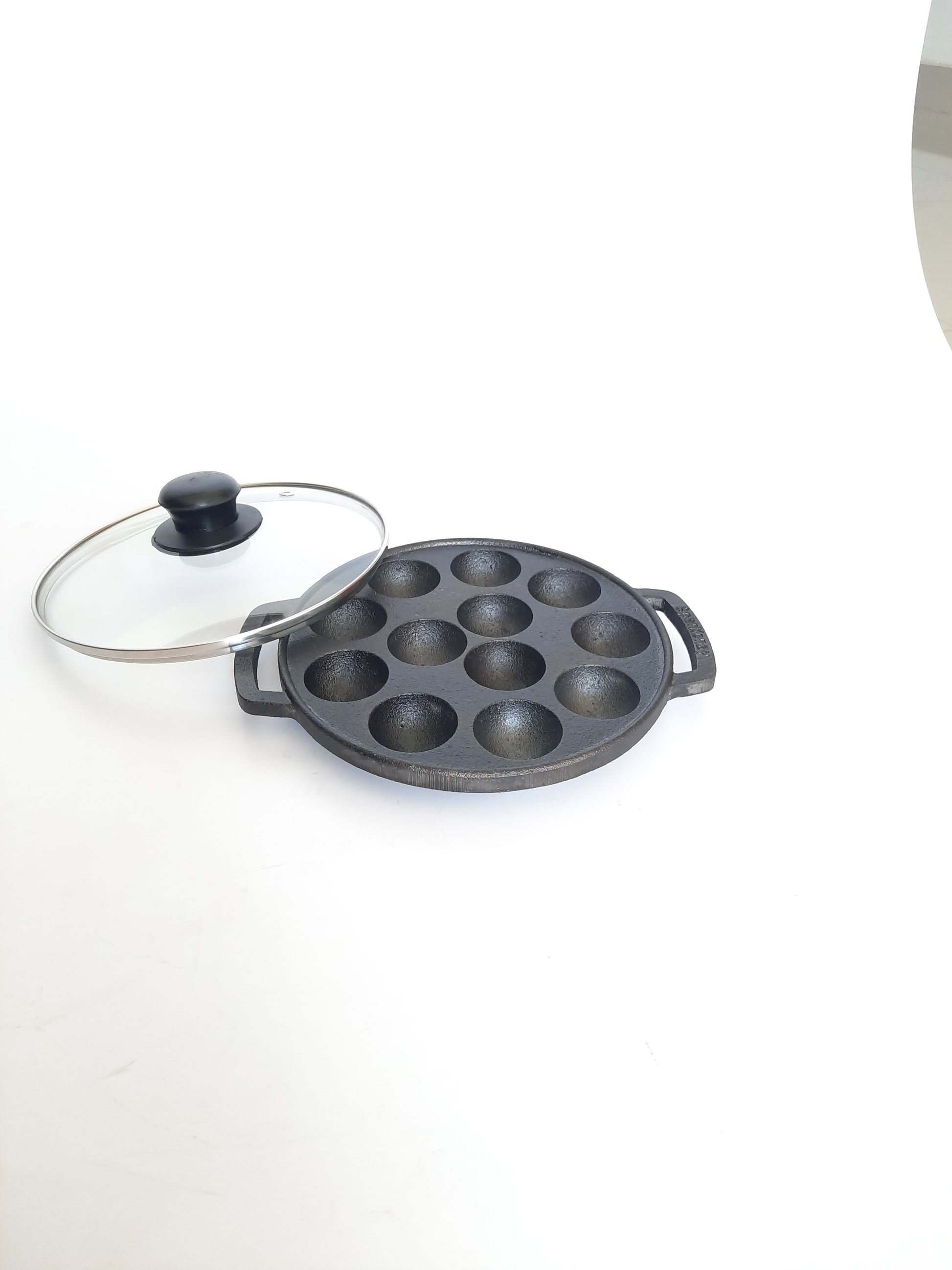 Sparkenzy Cast Iron Pre Seasoned Paniyaram with lid / Paddu Pan | 12 Pit | 8 inch