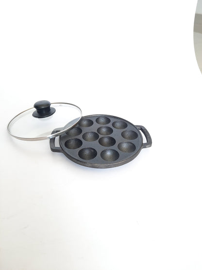 Sparkenzy Cast Iron Pre Seasoned Paniyaram with lid / Paddu Pan | 12 Pit | 8 inch