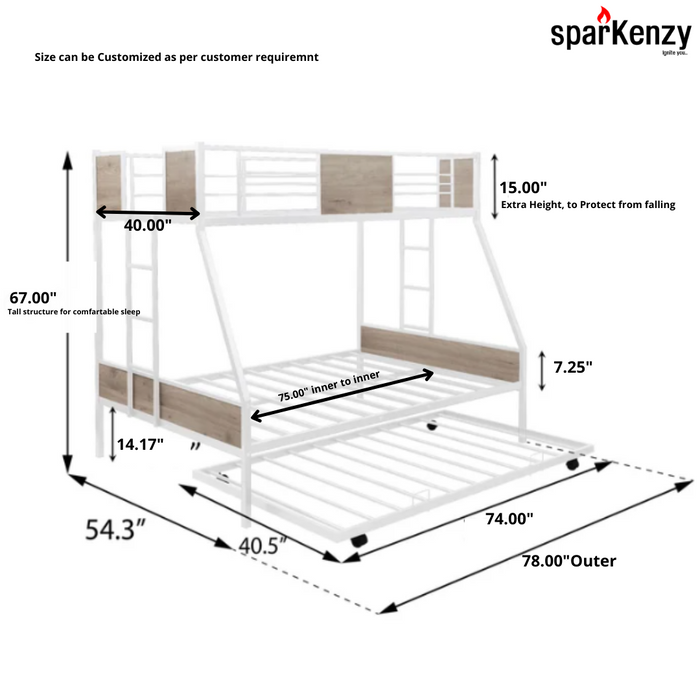 Sparkenzy Bunk Bed with trundle for Adults and kids | Metal Bunk Cot