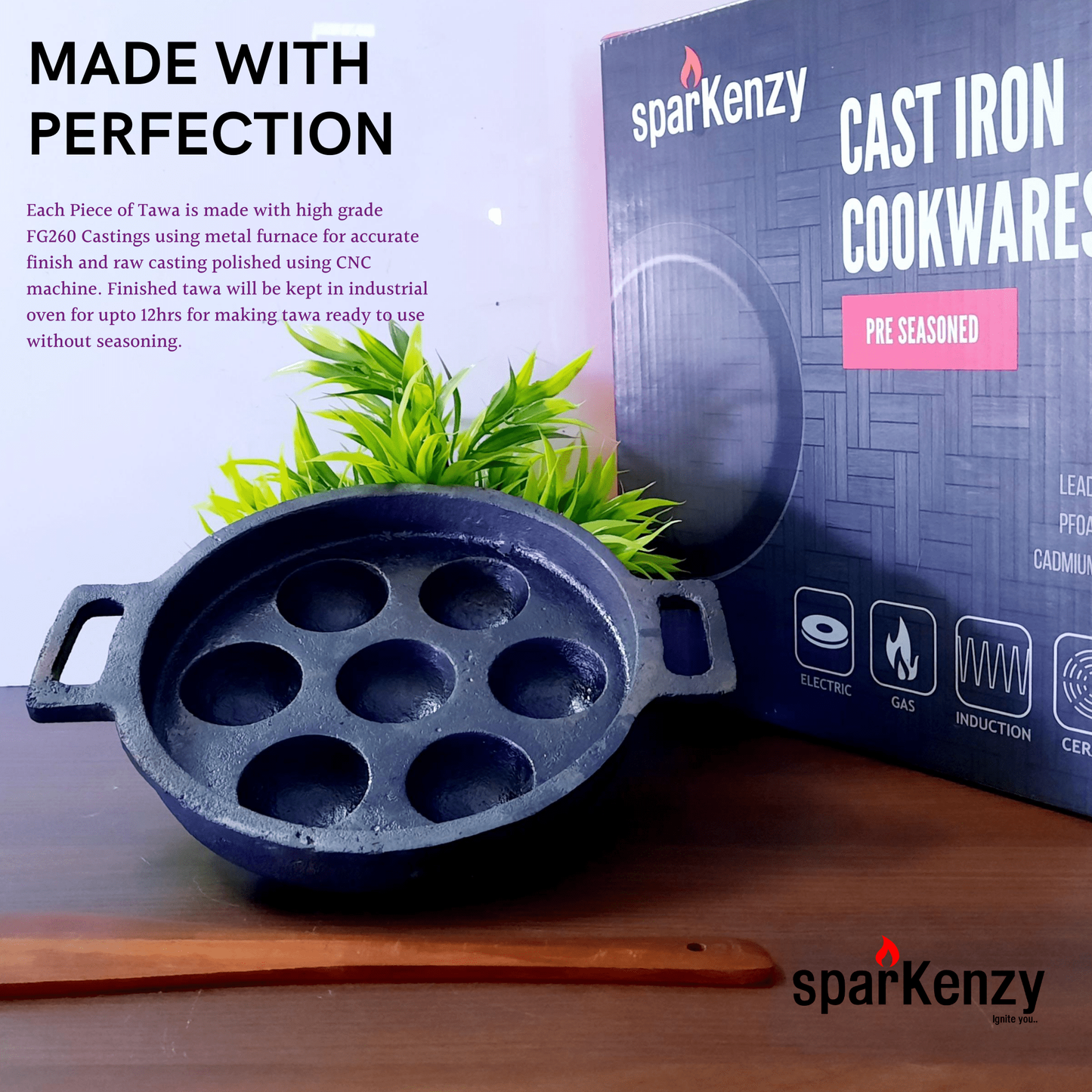 Sparkenzy Cast Iron Pre Seasoned Paniyaram / Paddu Pan | 7 Pit | 8 inch