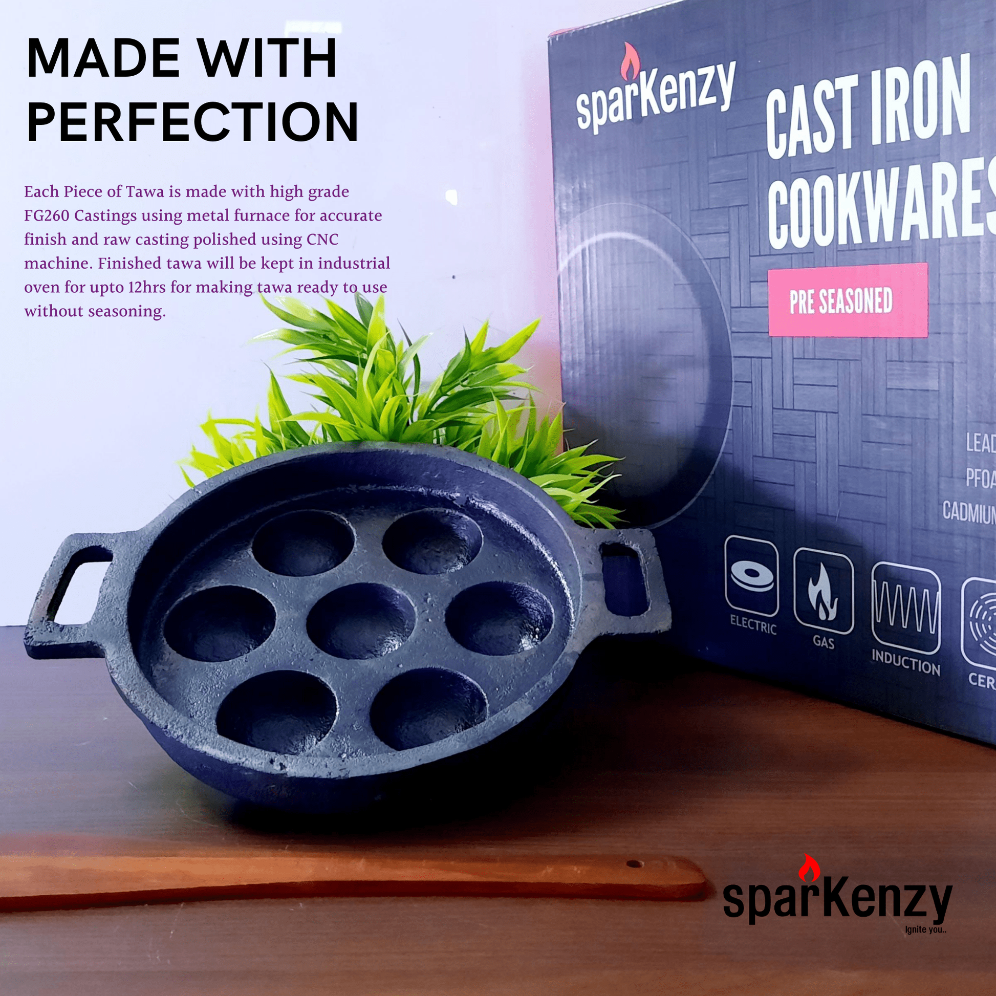 Sparkenzy Cast Iron Pre Seasoned Paniyaram / Paddu Pan | 7 Pit | 8 inch