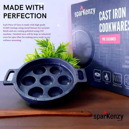 Sparkenzy Cast Iron Pre Seasoned Paniyaram / Paddu Pan | 7 Pit | 8 inch