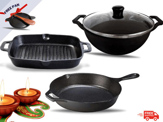 Sparkenzy Pre seasoned Cast iron Skillet 10 inch | Kadai 10 inch | Cast Iron Grill Pan | Combo