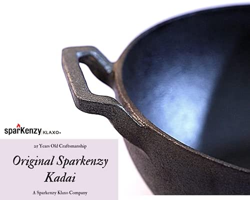 Sparkenzy Cast Iron Kadai with lid | Wok | Pre Seasoned | 10 inch