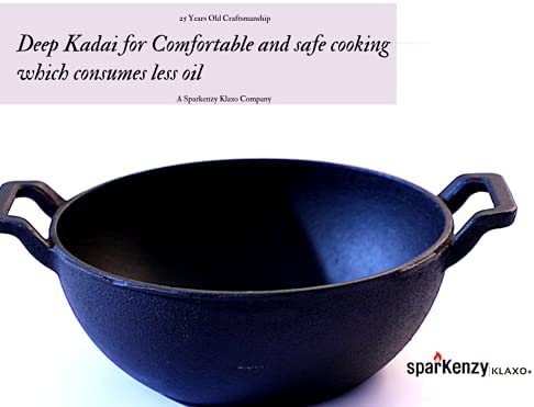 Sparkenzy Cast Iron Kadai with lid| Vok | Pre Seasoned and Machined | 8inch | Cheenachatti | Lohi ki kadhai