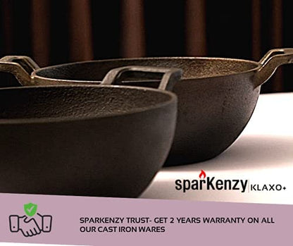 Sparkenzy Cast Iron Kadai with lid| Vok | Pre Seasoned and Machined | 8inch | Cheenachatti | Lohi ki kadhai