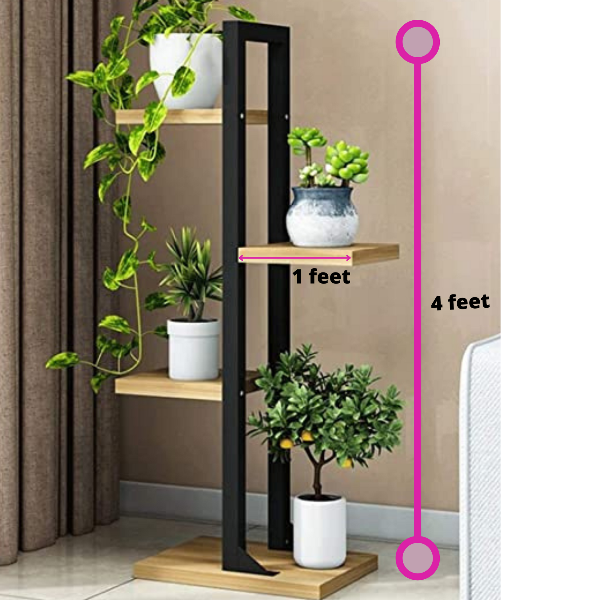 HD designer 4 - shelf Iron Flower pot stand for Indoor and Outdoor plants | Iron plant stand with Plywood Shelf