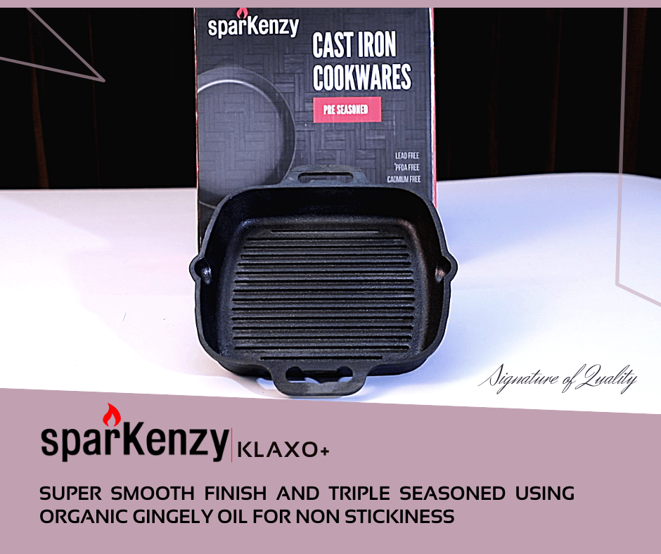 Sparkenzy Pre seasoned cast iron Dosa Tawa 12 inch | Paniyaram Pan 12 pit with lid 8 inch | Cast Iron Grill Pan | Combo