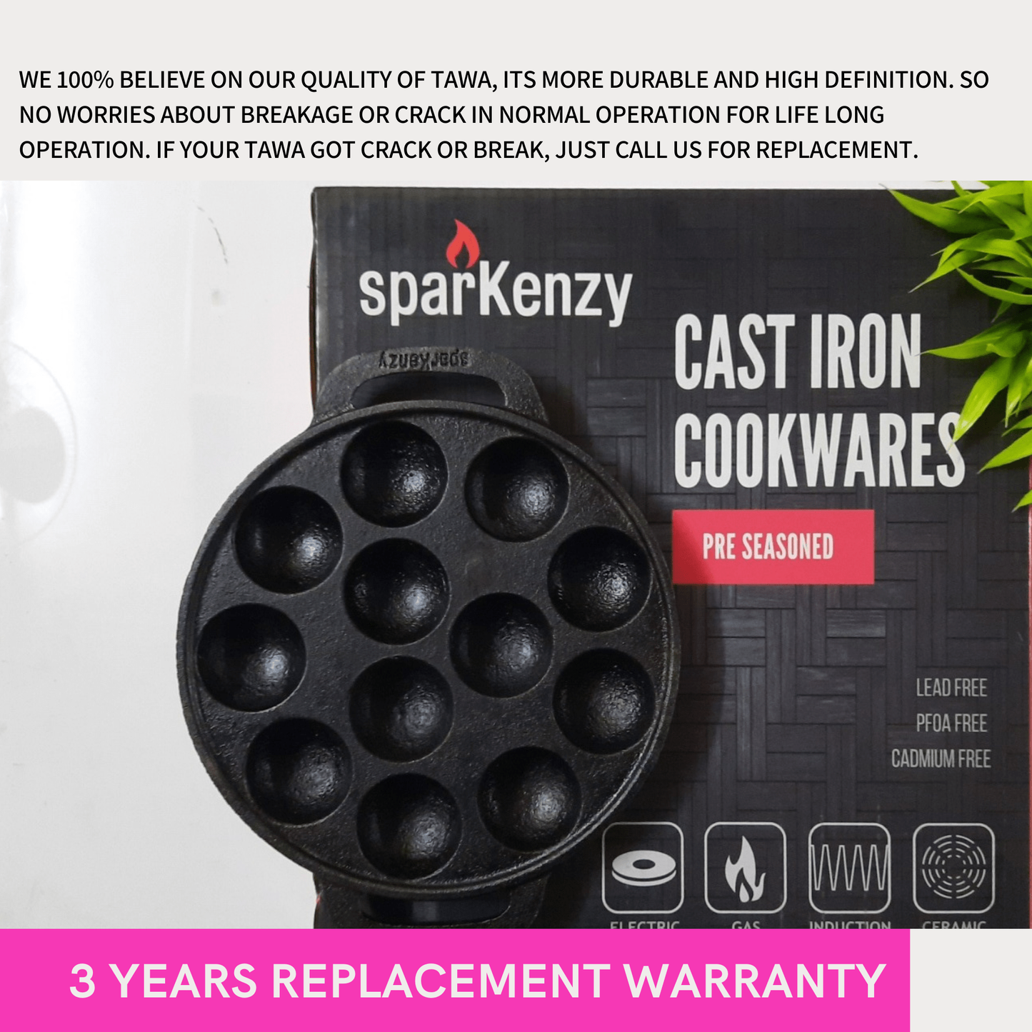 Sparkenzy Cast Iron Pre Seasoned Paniyaram with lid / Paddu Pan | 12 Pit | 8 inch