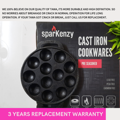 Sparkenzy Cast Iron Pre Seasoned Paniyaram with lid / Paddu Pan | 12 Pit | 8 inch