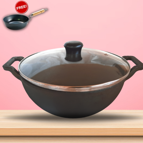 Sparkenzy Cast Iron Kadai with lid | Wok | Pre Seasoned | 10 inch