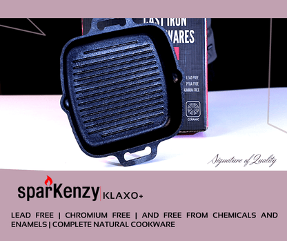 Sparkenzy Pre seasoned cast iron Dosa Tawa 12 inch | Paniyaram Pan 12 pit with lid 8 inch | Cast Iron Grill Pan | Combo