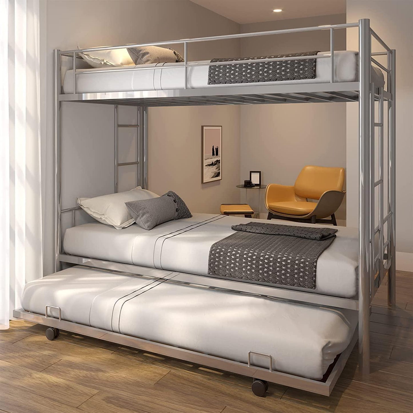 Sparkenzy HD Metal Bunk Cot with trundle for Adults and kids | Triple Bunk Bed