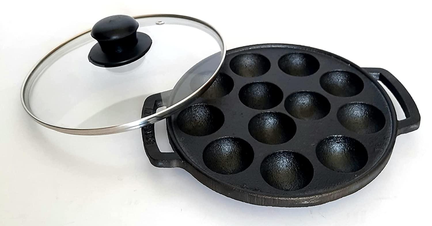 Sparkenzy Pre seasoned Cast iron Skillet 10 inch | kadai 10 inch | Paniyaram pan 12 pit | Cast Iron Grill Pan | Combo