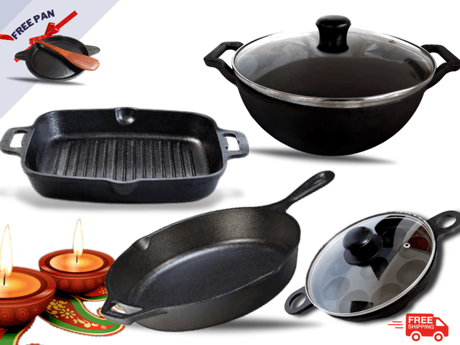 Sparkenzy Pre seasoned Cast iron Skillet 10 inch | kadai 10 inch | Paniyaram pan 12 pit | Cast Iron Grill Pan | Combo