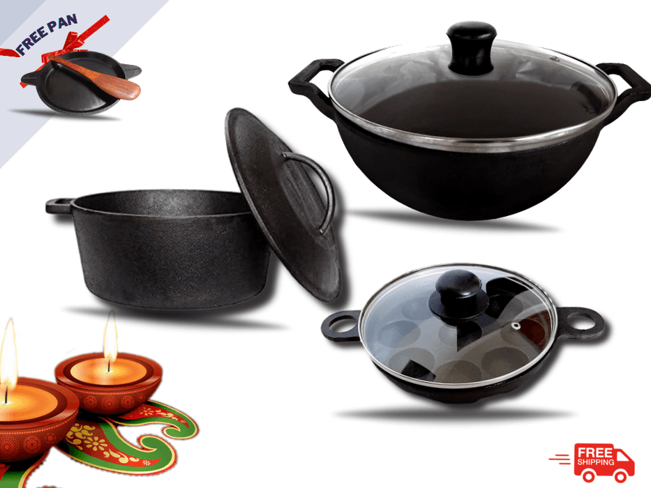 Sparkenzy Pre seasoned Cast iron Kadai 10 inch | Paniyaram Pan 12 pit | dutch oven | combo