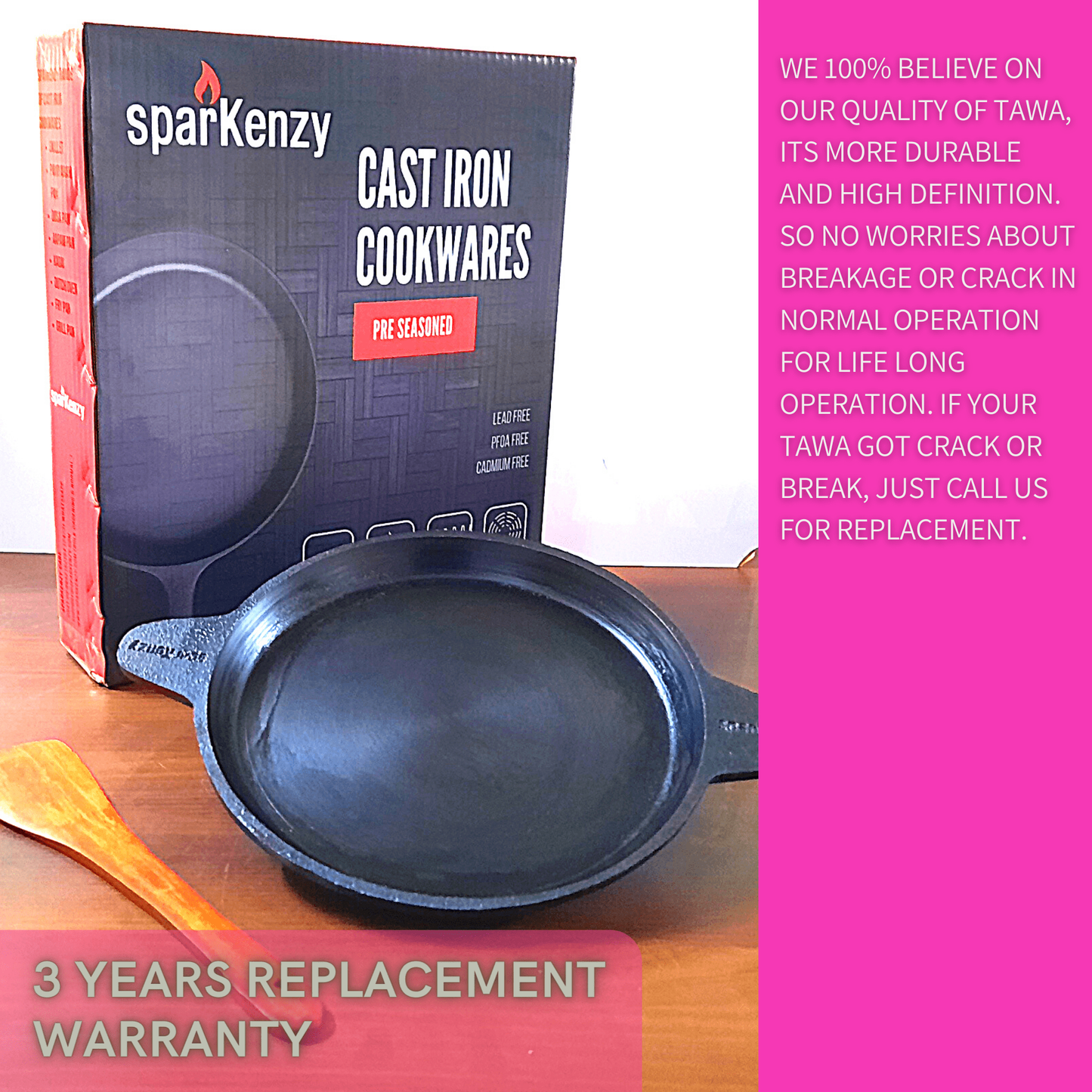 Sparkenzy Cast Iron Pre Seasoned Fry Pan | Pizza Pan | Tawa | 9 inch