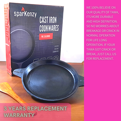 Sparkenzy Cast Iron Pre Seasoned Fry Pan | Pizza Pan | Tawa | 9 inch