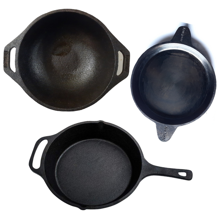 Sparkenzy Pre seasoned Cast iron Skillet 10 inch | kadai 10 inch | Fish fry pan 9 inch | Combo - Sparkenzy.com