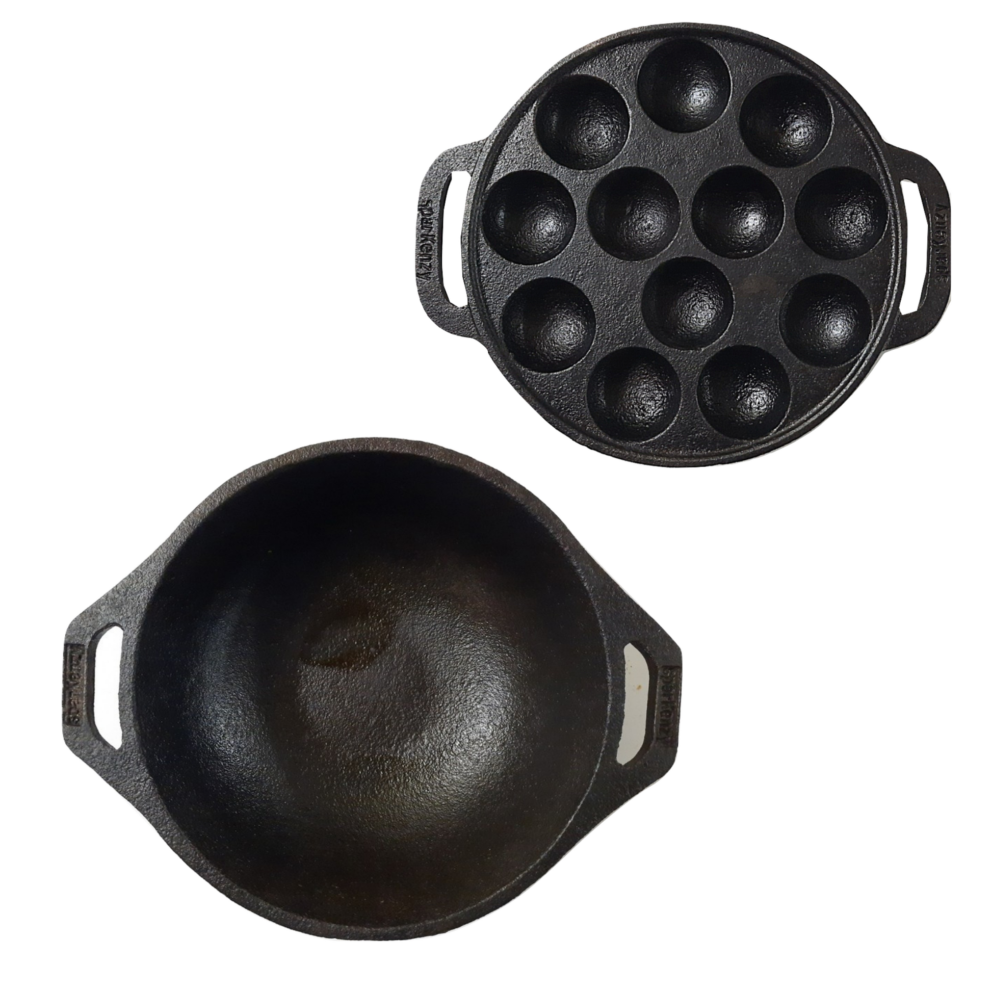 Sparkenzy Pre seasoned Cast iron Kadai 10 inch | Paniyaram Pan 12 pit | Combo